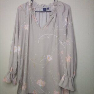 Kaari Blue Shirt Blouse L Long Sleeve Ruffle V-Neck Floral Tan Pink